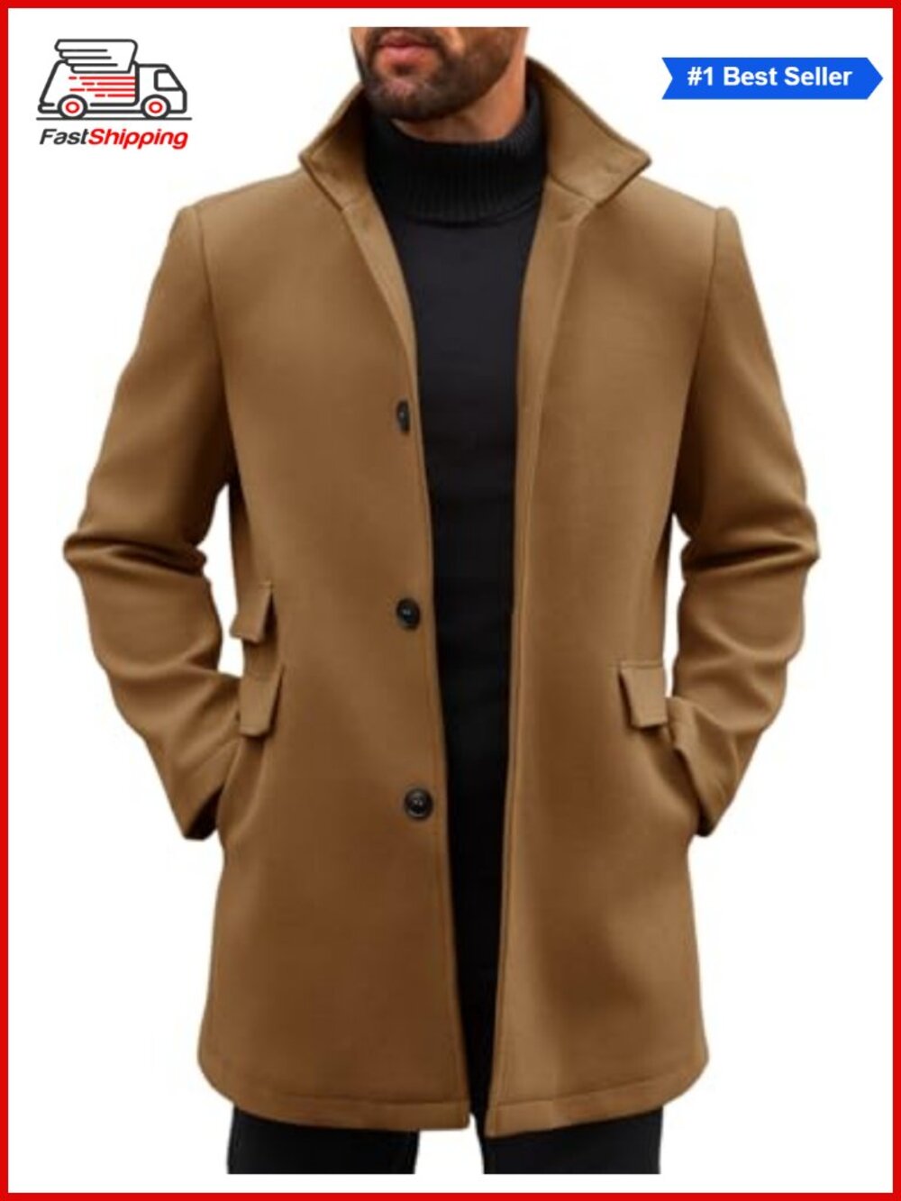 ✨ Runcati Mens Pea Coat Single Breasted Mid Long Trench Coat Overcoat